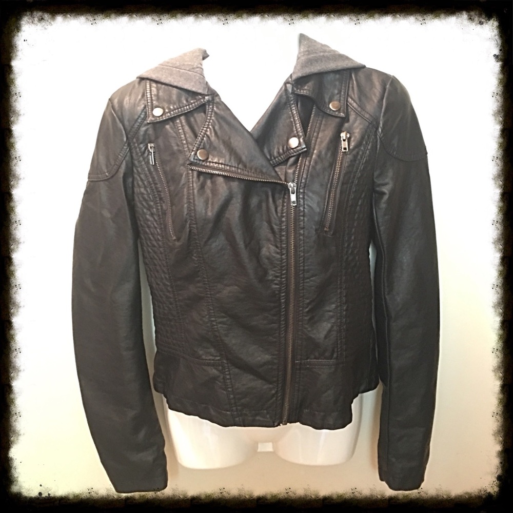 VEGAN LEATHER MOTO JACKET WITH HOOD